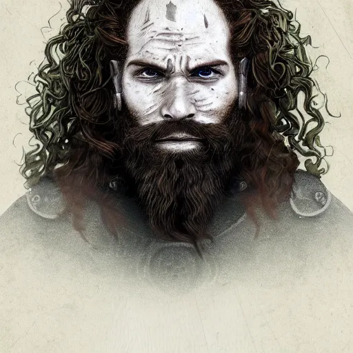 Prompt: portrait of a red haired dwarf - long curly hair, full beard, scar on the forehead, wearing leather armor with green accents, battleaxe on his back, digital art, highly detailed, intricate, sharp focus