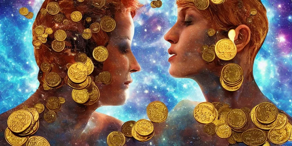 Prompt: astral _ head _ spit _ open _ at _ bottom _ spilling _ out _ coins _ out _ top. _ each coin side is a window to different universes by _ yvonne _ mcgillivray _ by _ mandy _ jurgens _ by _ michael _ divine _ god _ powerful _ eyesglow.