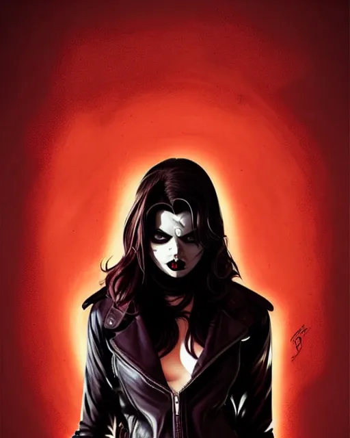 Image similar to Rafael Albuquerque comic cover art, loish, Sam yang, artgerm, Ross tran, pretty female Samara Weaving vampire, very sharp fangs blood on face face, sarcastic smile, symmetrical eyes, symmetrical face, brown leather jacket, jeans, long black hair, middle shot, highly saturated, deep blacks