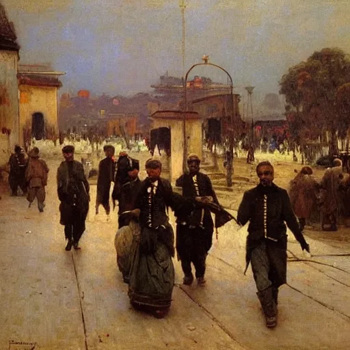 Image similar to Colonial officers walking through Lagos, 1905, masterwork, highly detailed, oil on canvas, by Ilya Repin