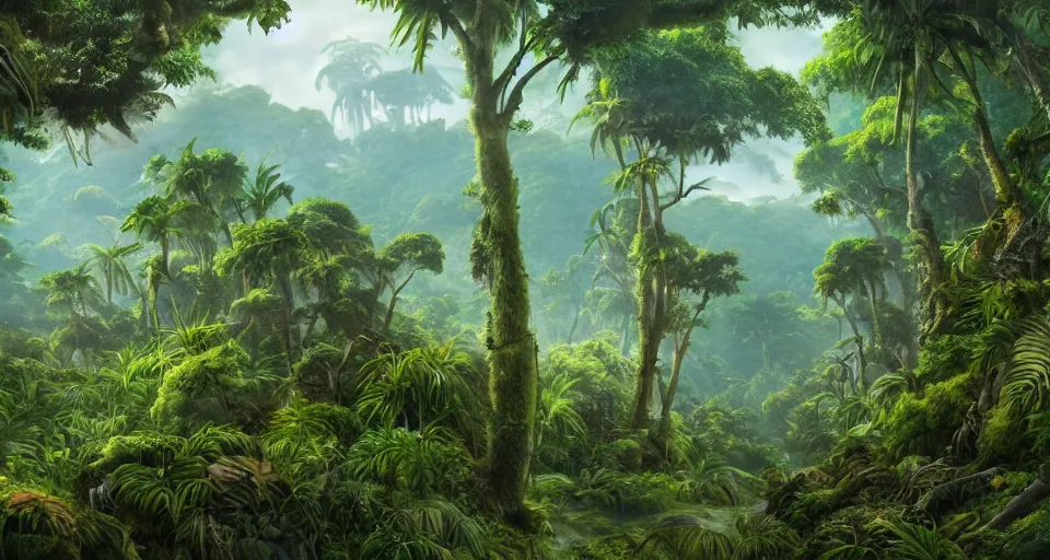 Prompt: a matte painting of a lush prehistoric jungle, TOEI animation background, sharp details, cinematic color grading