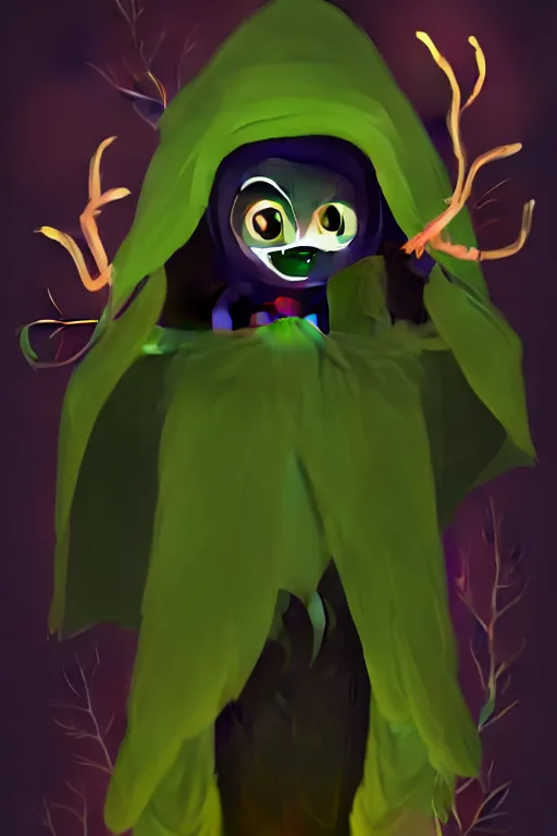 Image similar to A full body portrait of a cute shaman with no face, glowing eyes and a very long hooded dark green cloak of leaves in the style of Pixar, stylized