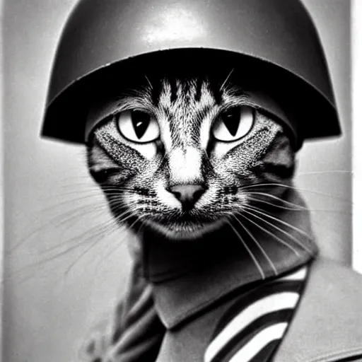 Image similar to Close up of a cat wearing soldier helmet in the battle, ww2 historical photography, black & white