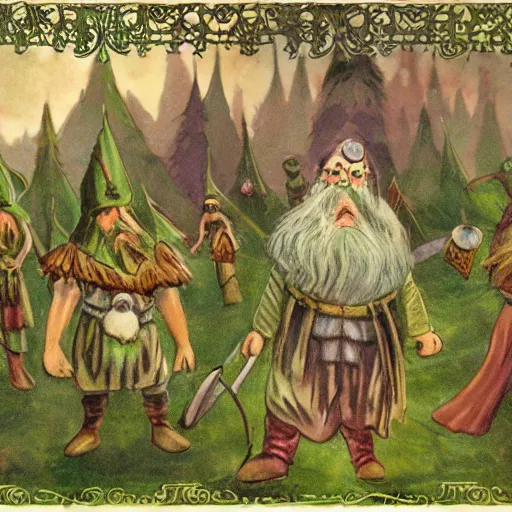 Image similar to a beatiful dwarven festival in 1917 in a fertile green park with surreal elven nature, a gnome rock band concert and dwarven BBQ