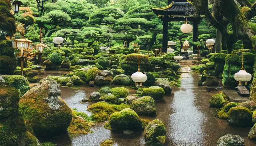 Prompt: A magical dreamy garden in front of a large temple in Kyoto Japan on a rainy day. Moss covered rocks, glowing lanterns, and flowers line a beautiful walking path leading to the temple in the center. Magic sparkles in the air, Style by Gucci and Wes Anderson,