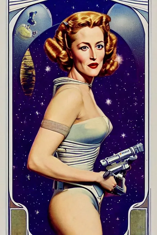 Prompt: Gillian Anderson as the princess Wilma Deering , buck rogers , a beautiful art nouveau portrait by Gil Elvgren, beautiful sci-fi city environment, front centred symmetrical composition, defined features, silver jewellery, stars in her gazing eyes