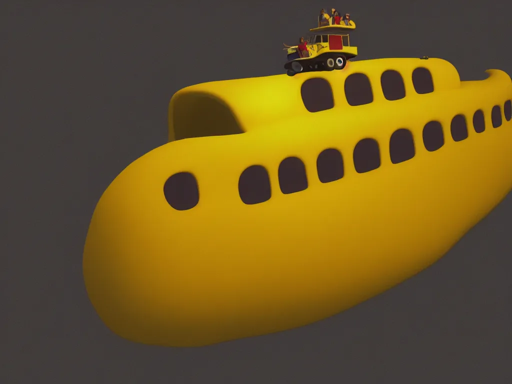 Prompt: yellow submarine by the beatles, photorealistic painting, cgi, low volumetric light, movie still, very cute and cozy and fluffy and sweet