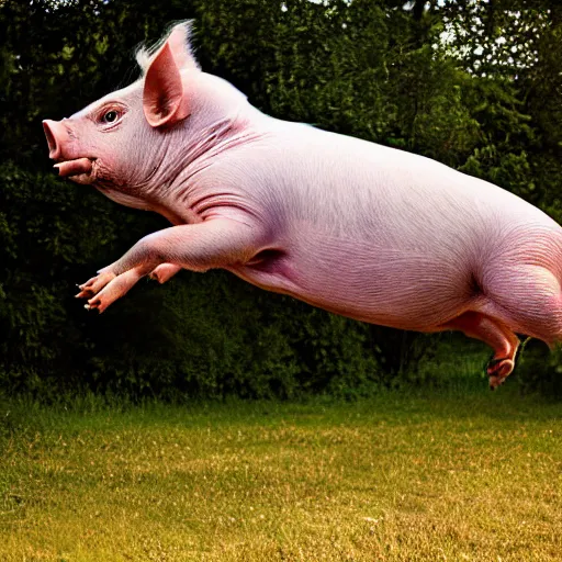 Prompt: national geographic photograph of a flying pig with wings, daylight, outdoors