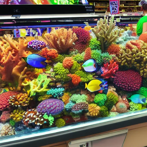 Prompt: coral reef on the supermarket checkout