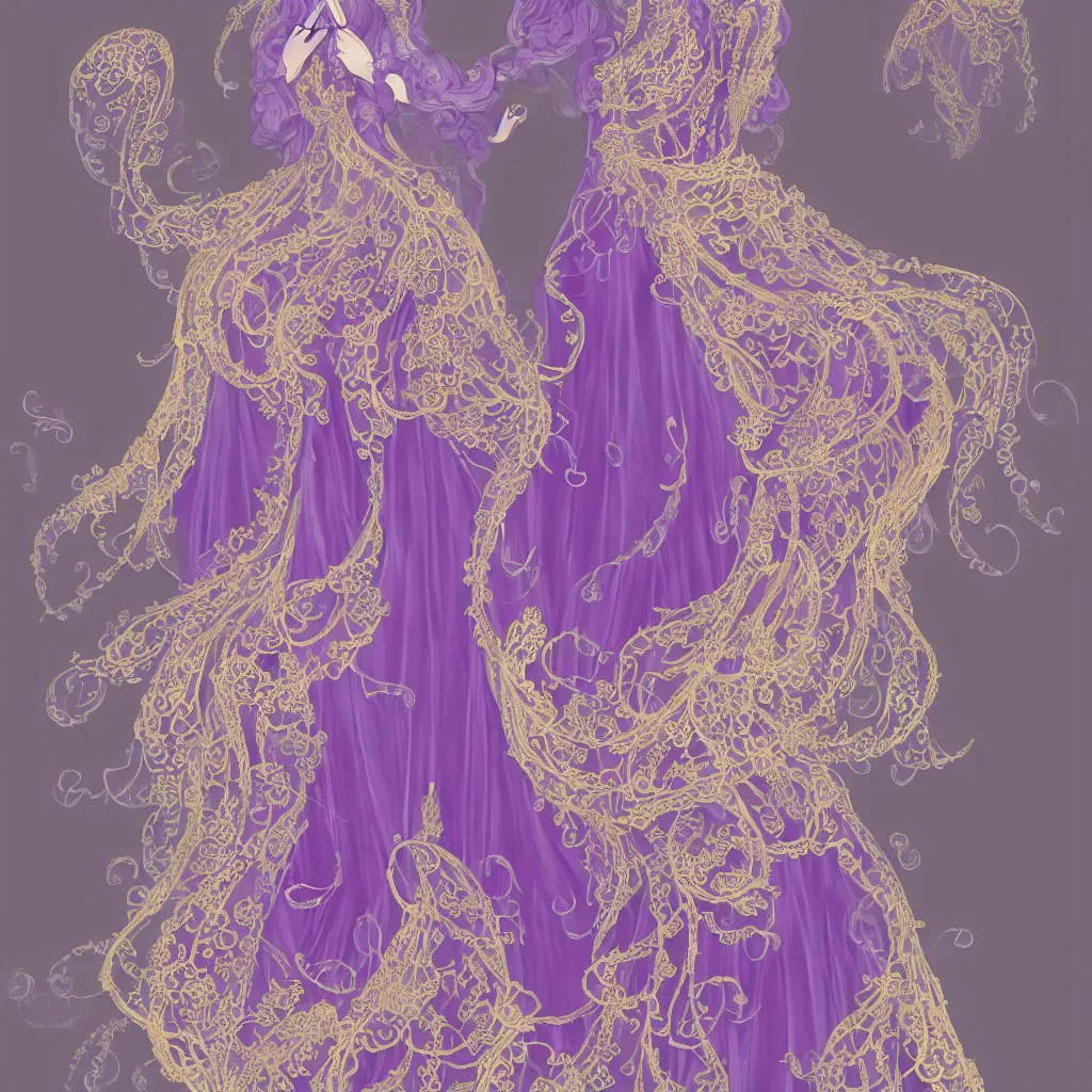 Image similar to purple dress design with goldenlace in the style of rococo ,Victorian era，jellyfish element,dreamy, soft ,Backlight ,luminescence,Aetherpunk,highly detailed,8k