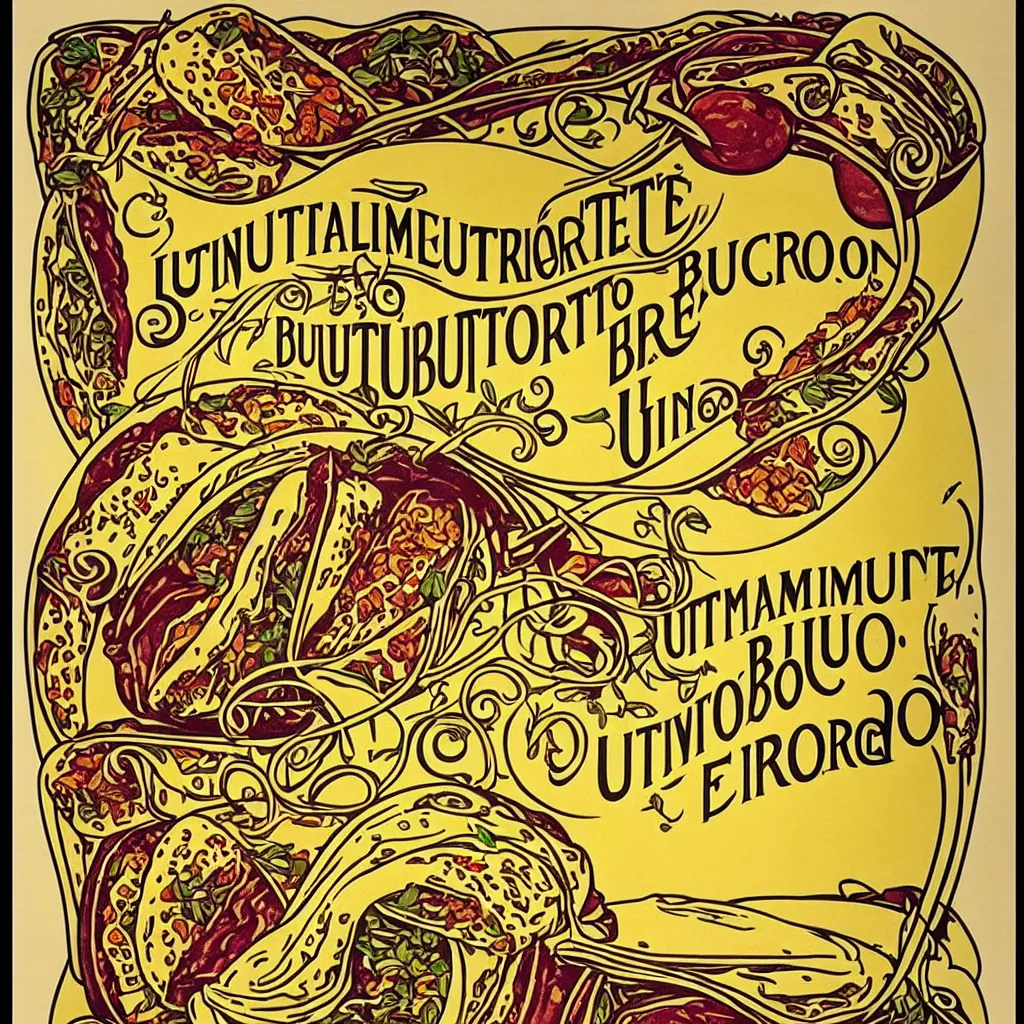 Image similar to “Beautiful art nouveau advertisement for the ultimate everything burrito. Detailed advertisement for a delicious everything burrito by Victor Horta. This burrito will change your life”