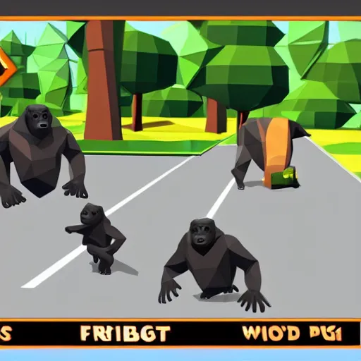 Prompt: gorillas without legs playing a game of tag in low poly video game