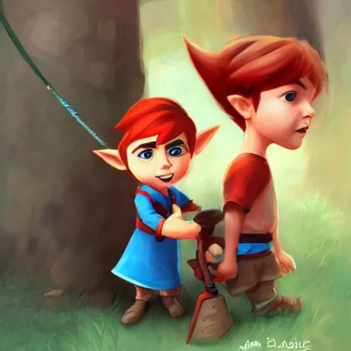 Image similar to attractive little boy character inspired in little hood red and link from legend of zelda, digital artwork made by lois van barlee, james jean and rhads