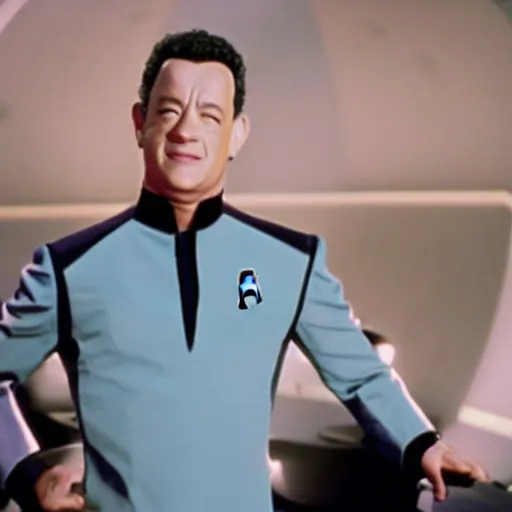Prompt: Film still of Tom Hanks as a crew member from Star Trek