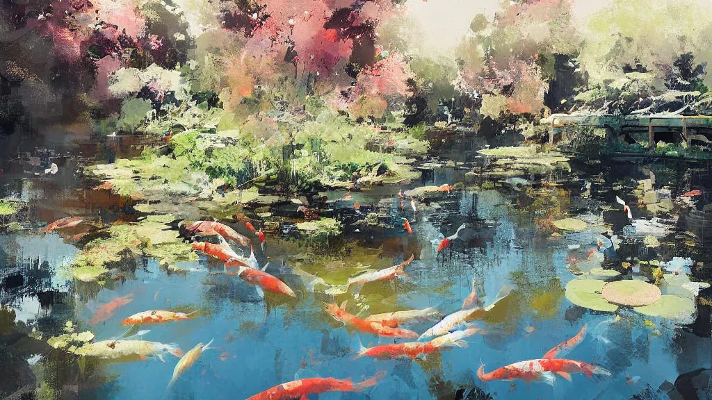 Image similar to painting of a koi pond by ismail inceoglu