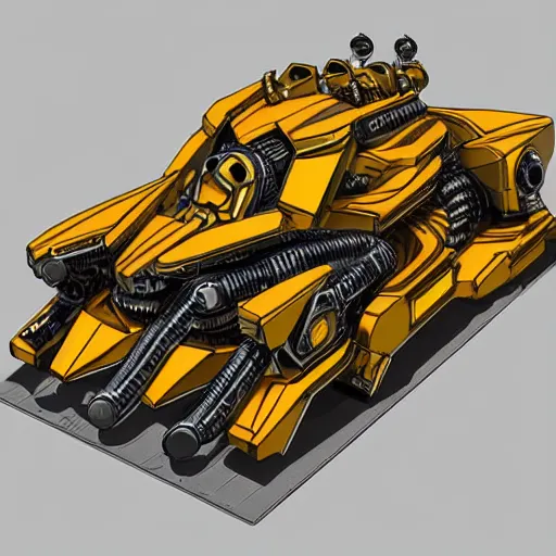 Image similar to annotated highly detailed and intricate 4 5 degree isometric cross section of mad cat mecha marker concept art style render : : metalic yellow and brown : :