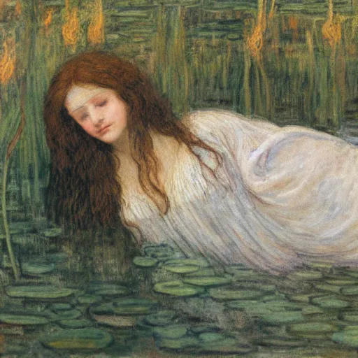 Prompt: ophelia, laying flat submerged in water floating down the river amongst the reeds fully covered in robes and lake foliage weeds reeds fully clothed in flowing medieval robes by rosetti and monet, 8 k