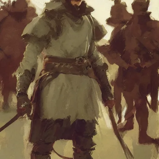 Image similar to portrait of rider wearing gambeson holding bow, detailed by greg manchess, craig mullins, bernie fuchs, walter everett, low angle