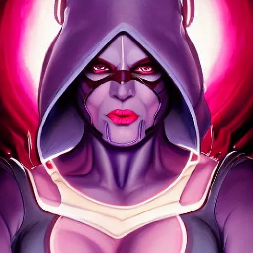 Image similar to thanos as a feminine beautiful muscular woman dressed as a battle nun, red lips, attractive, highly detailed full body portrait, pretty face, elegant, breathtaking art, concept art, by artgerm and ilya kuvshinov