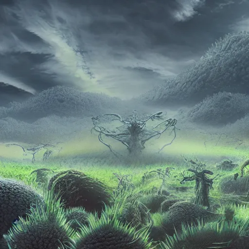 Image similar to bio-inspired design, alien nature, panoramic,octane render,luis royo style,psychedelic clouds