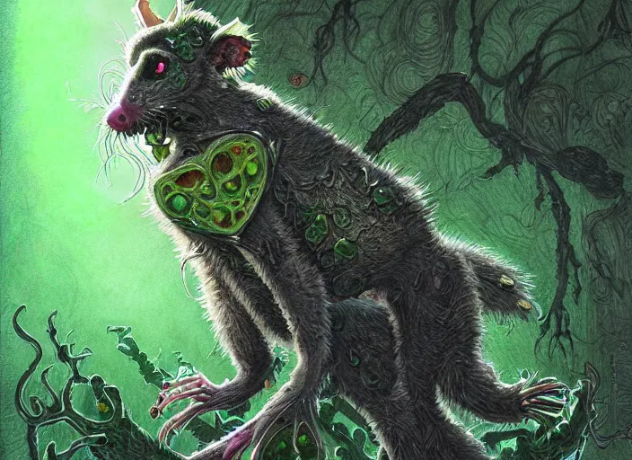 Image similar to full-body portrait of a anthro green zombie opossum fursona with long dark hair. Ruined stormy city. Glorious sun beams, intricate, elegant, highly detailed, digital painting, short focus, illustration, Allan Lee, John Howe