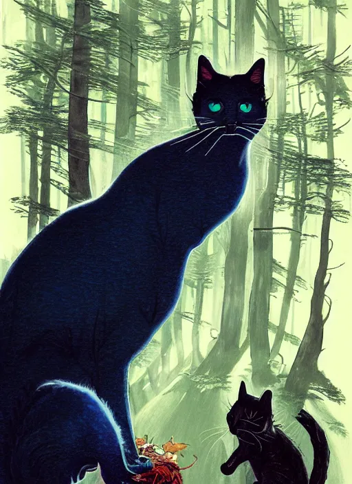 Image similar to a hyper realistic ink cat alien technology and sunbeams blue sky, lush forest foliage painting by chiara bautista and norman rockwell and greg rutkowski weta studio, and lucasfilm