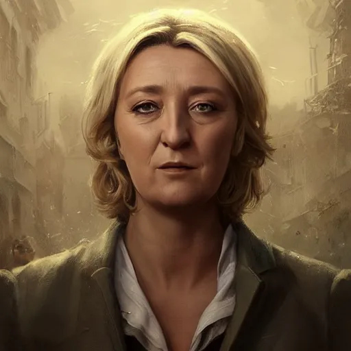 Image similar to Portrait of Marine le Pen , heroic, amazing splashscreen artwork, splash art, head slightly tilted, natural light, elegant, intricate, fantasy, atmospheric lighting, cinematic, matte painting, detailed face, by Greg rutkowski