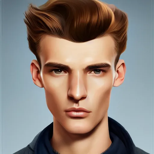 Image similar to tall man in his twenties with brown blond short quiff hair and thin slightly round facial structure with cleft chin, straight eyebrows and prominent nose, good definition of cheekbones, big hazel nut brown eyes, narrow face, slim body, atmospheric lighting, painted, intricate, 4 k, highly detailed by charlie bowater