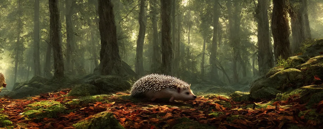 Prompt: an Hedgehog standing in the forrest, beautiful dynamic lighting, cinematic, wide angle establishing shot, extremely high detail, photo realistic, cinematic lighting, post processed, concept art, artstation, matte painting, style by frederic church, raphael lacoste, unreal engine 8k