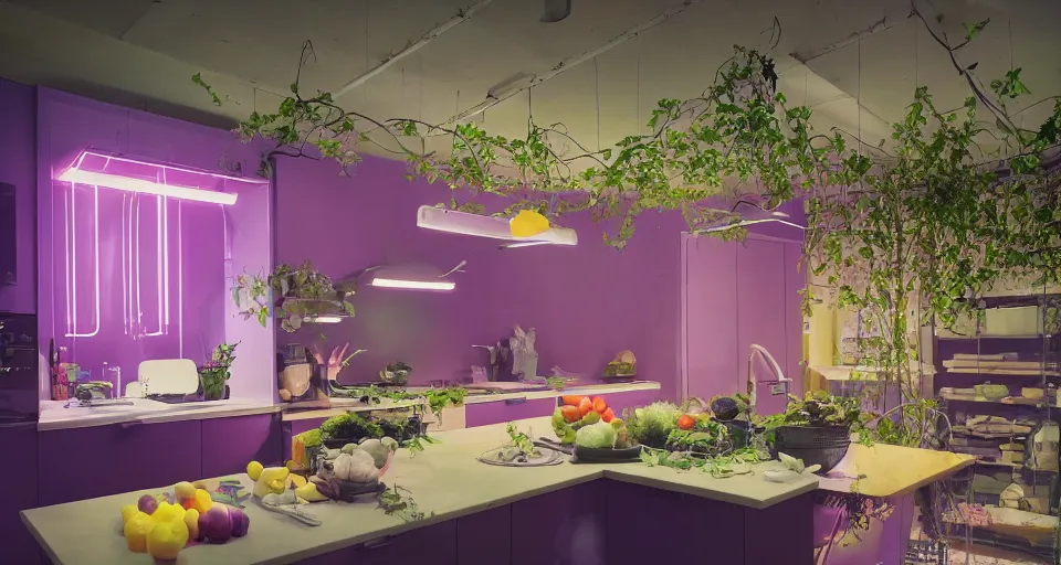 Image similar to IKEA catalogue photo, high end farm house style kitchen, cyberpunk with neon lighting, screens, monitors, wires, purple, cyan, orange, organic, vines by Beksiński