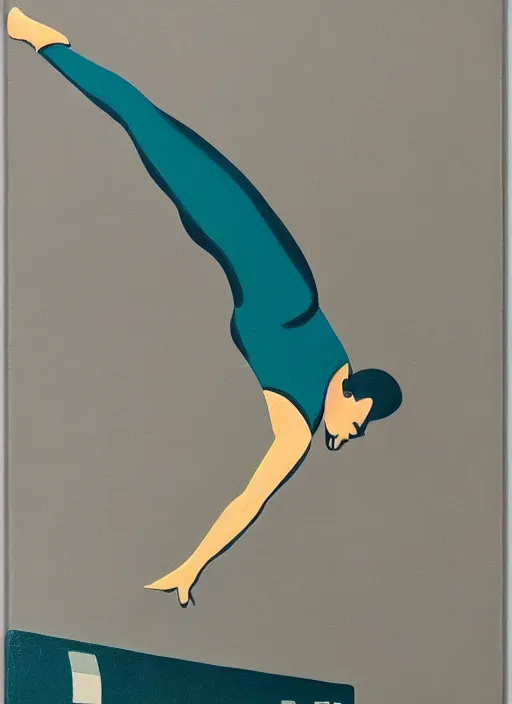 Prompt: acrylic painting on wood of a woman diving from a high diving board into a pool. mid - drive. medium distance. teal, white, black and grayscale. simple. flat. vintage, mid - century modern.