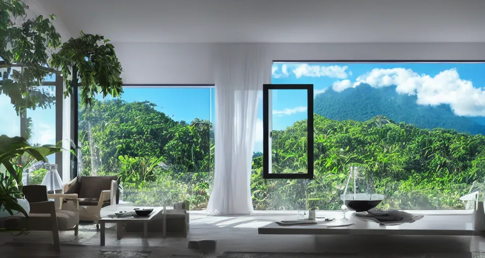 Image similar to big window, mountains in background, cloud forest in background, tropical beach in background, late afternoon, clear sky, living room, furniture, IKEA catalogue, futuristic, ultra realistic, ultra detailed, cinematic light, anamorphic, by Paul Lehr