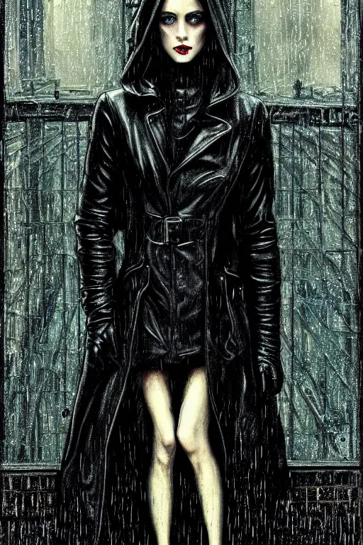 Image similar to dreamy gothic girl, black leather slim coat, rainy mirror, beautiful woman body, detailed acrylic, grunge, intricate complexity, by dan mumford and by alberto giacometti, peter lindbergh