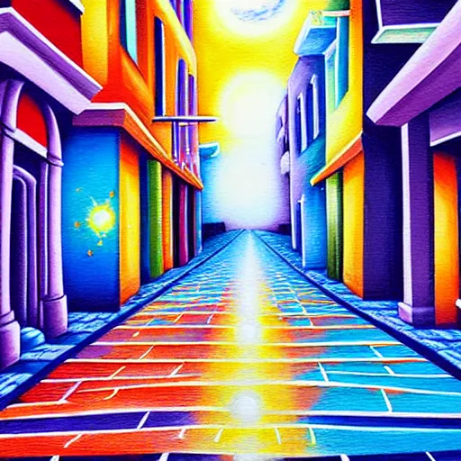 Prompt: celestial city street painting