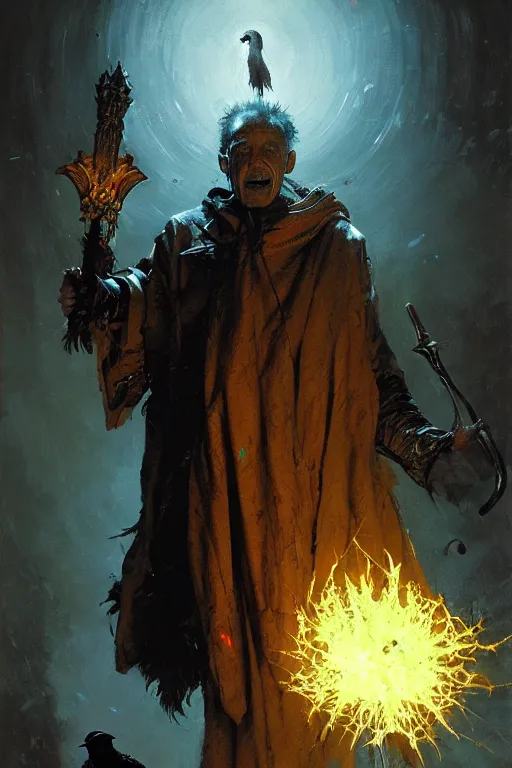 Image similar to crazy, insane old priest in dirty robes, surrounded by a force field of glowing crow feathers, holding a glowing warhammer portrait dnd, painting by gaston bussiere, craig mullins, greg rutkowski, yoji shinkawa