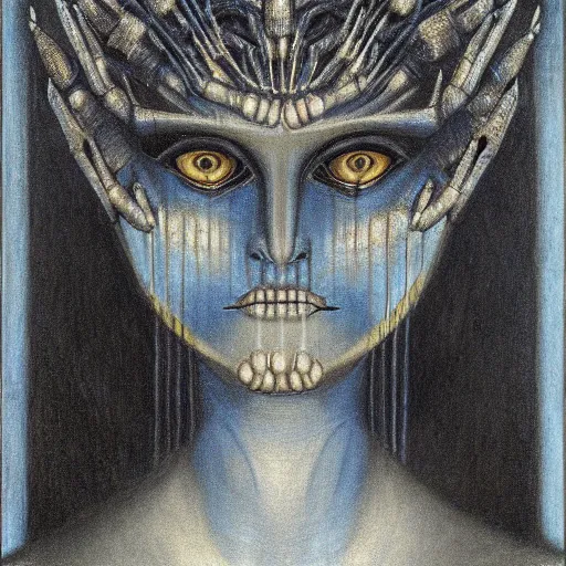 Image similar to Close-up of the cenobite woman, pencil drawing. El Greco, Remedios Varo, Salvador Dali, Carl Gustav Carus, John Atkinson Grimshaw. Blue tint. Symetrical, logo, geometric shapes.