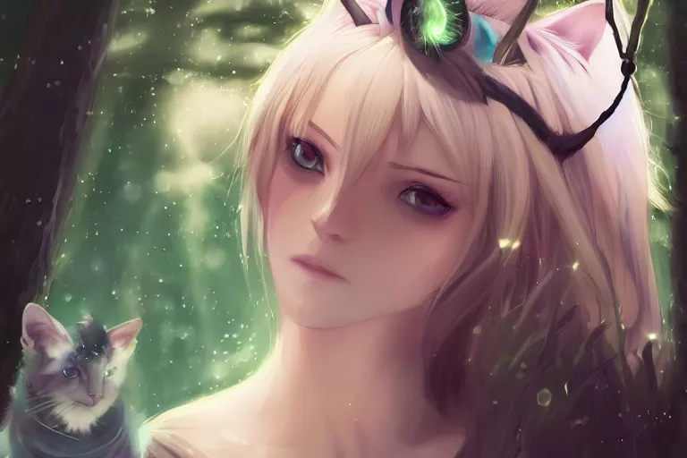 Image similar to female mage with cat ears in a forest, detailed attractive face, fantasy art, anime style, by charlie bowater, by makoto shinkai, by studio ghibli, atmospheric, vector art, 4 k film still, close up portrait