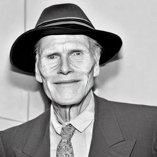 Image similar to A photograph portrait of old Jerma985 in his eighties who looks like Jerma985 wearing a suit with and fedora in the 1990s, taken in the early 1990s, grainy, taken on a 1990s Camera, realistic, hyperrealistic, very realistic, highly detailed, very detailed, extremely detailed, detailed, digital art, trending on artstation, detailed face