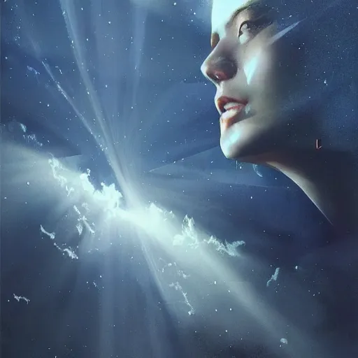 Prompt: sci - fi, close - up, 3 d, moon rays, night, thoughtful fashion model face, cinematic, clouds, sun rays, vogue cover style, poster art, blue mood, realistic painting, intricate oil painting, high detail illustration, figurative art, multiple exposure, poster art, 3 d, by tooth wu and wlop and beeple and greg rutkowski