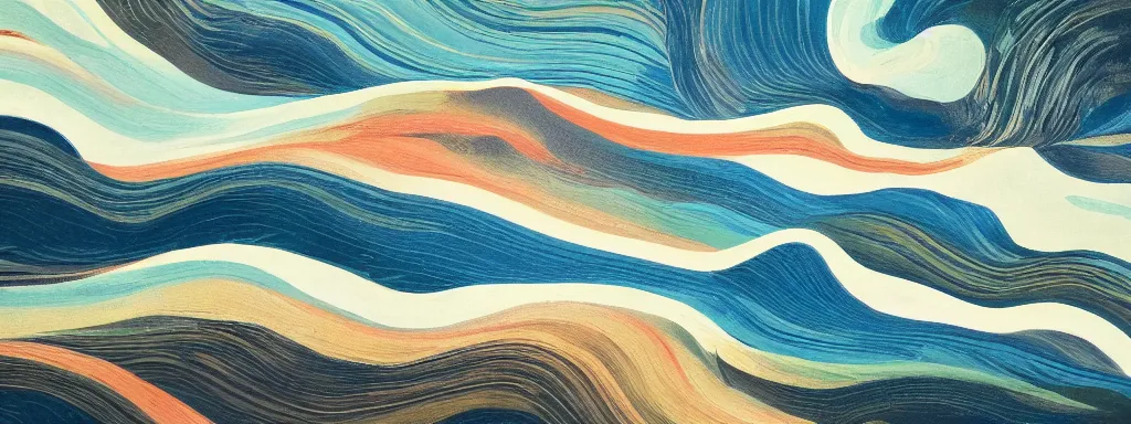 Image similar to An insane, modernist landscape painting. Wild energy patterns rippling in all directions. Curves, organic, zig-zags. Mountains, clouds. Rushing water.