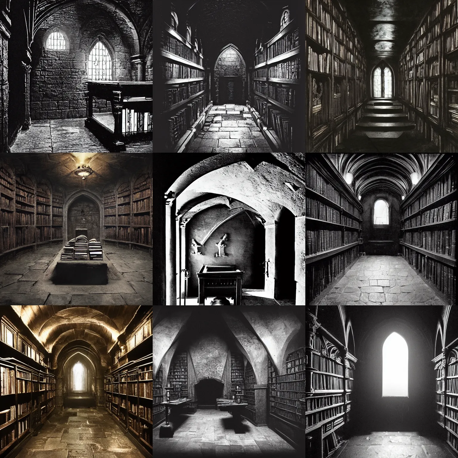 Prompt: dark crypt room with bookshelves filled with dark colored tomes and dark table with runes, dark stone walls and pillars, dark stone walls, gloomy, midnight, vantablack shadows, ambrotype, cyanotype, dark academia, gothic art, style of Blade Runner 2049, calotype, daguerreotype, style of Game of Thrones, gothic, style of Lord of the Rings, style of Nosferatu, polaroid, style of Stranger Things, tintype