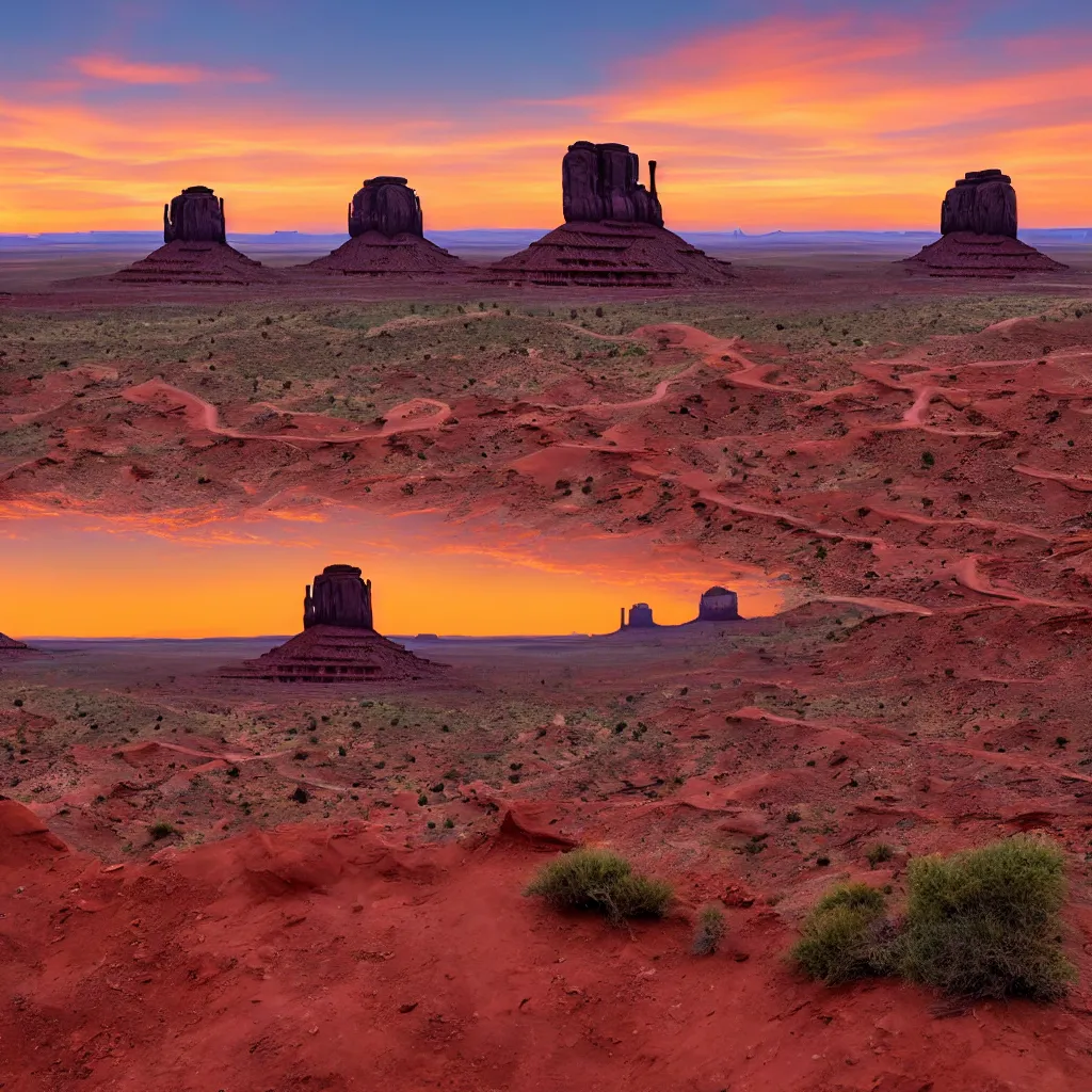 Image similar to photo of monument valley as the sun is setting, deep focus, highly detailled, 8 k uhd, award - winning photography, summer look