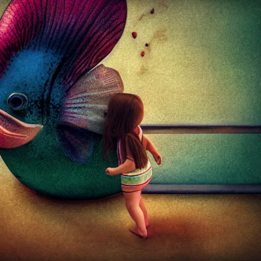 Image similar to the most beautiful little fat sweet girl is kissing a huge colorful cute fish. modern etching. colored print. hype realistic scene. old photography style. studio lighting. window. 3 d, octane render, deep focus, zbrush, white scene