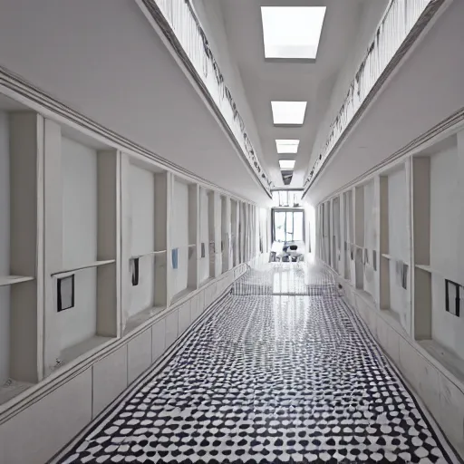 Prompt: photo of a vast interior space of irregular rooms and corridors, bizarre architecture. ceramic white tiles on all the walls.