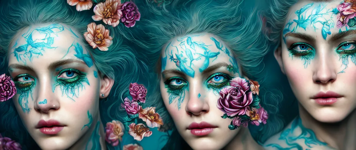 Prompt: hyperrealistic hyper detailed close-up side portrait of gorgeous woman covered in rococo flower tattoos matte painting concept art hannah yata very dramatic dark teal lighting low angle hd 8k sharp 35mm shallow depth of field