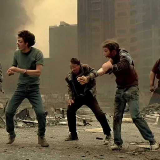 Image similar to four men dancing furiously in a postapocalyptic wasteland, amazing movie still, Spielberg, Cronenberg, Wes Craven, Takashi Miike