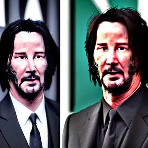 Image similar to several keanu reeves standing next to each other in a row, highly detailed, extremely high quality, hd, 4 k, 8 k, professional photographer, 4 0 mp, lifelike, top - rated, award winning, realistic, detailed lighting, detailed shadows, sharp, no blur, edited, corrected, trending