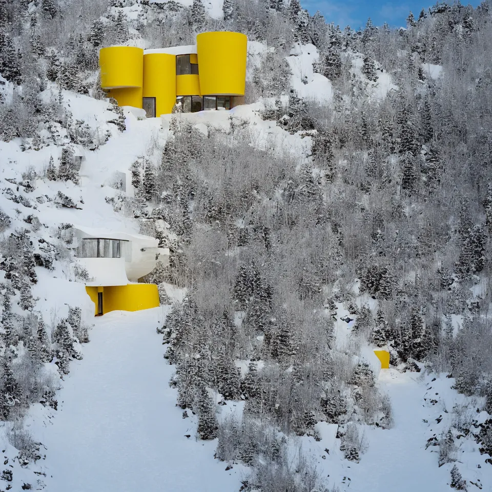 Image similar to a road leading to a mid-century modern house on top of a cliff in the arctic, covered with snow, designed by Frank Gehry, with a long pathway toward it. Big tiles. Film grain, cinematic, yellow hue