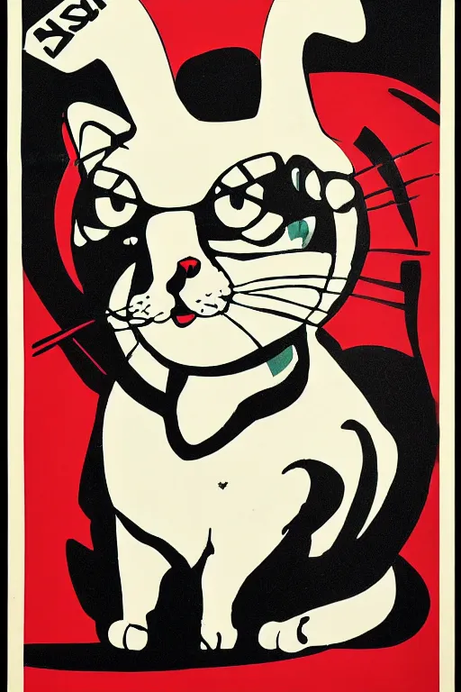 Image similar to 1934 communist screen print poster of a cat in a VR helmet