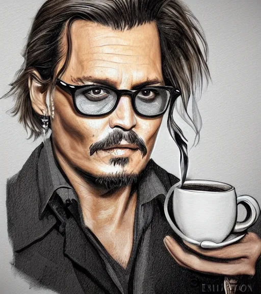 Image similar to Portrait of Johny Depp drinking coffee, in the park, charchoal drawing, dimly lit, wispy smoke, intricate, highly detailed, digital painting, artstation, concept art, sharp focus, illustration, art by einar jonsson